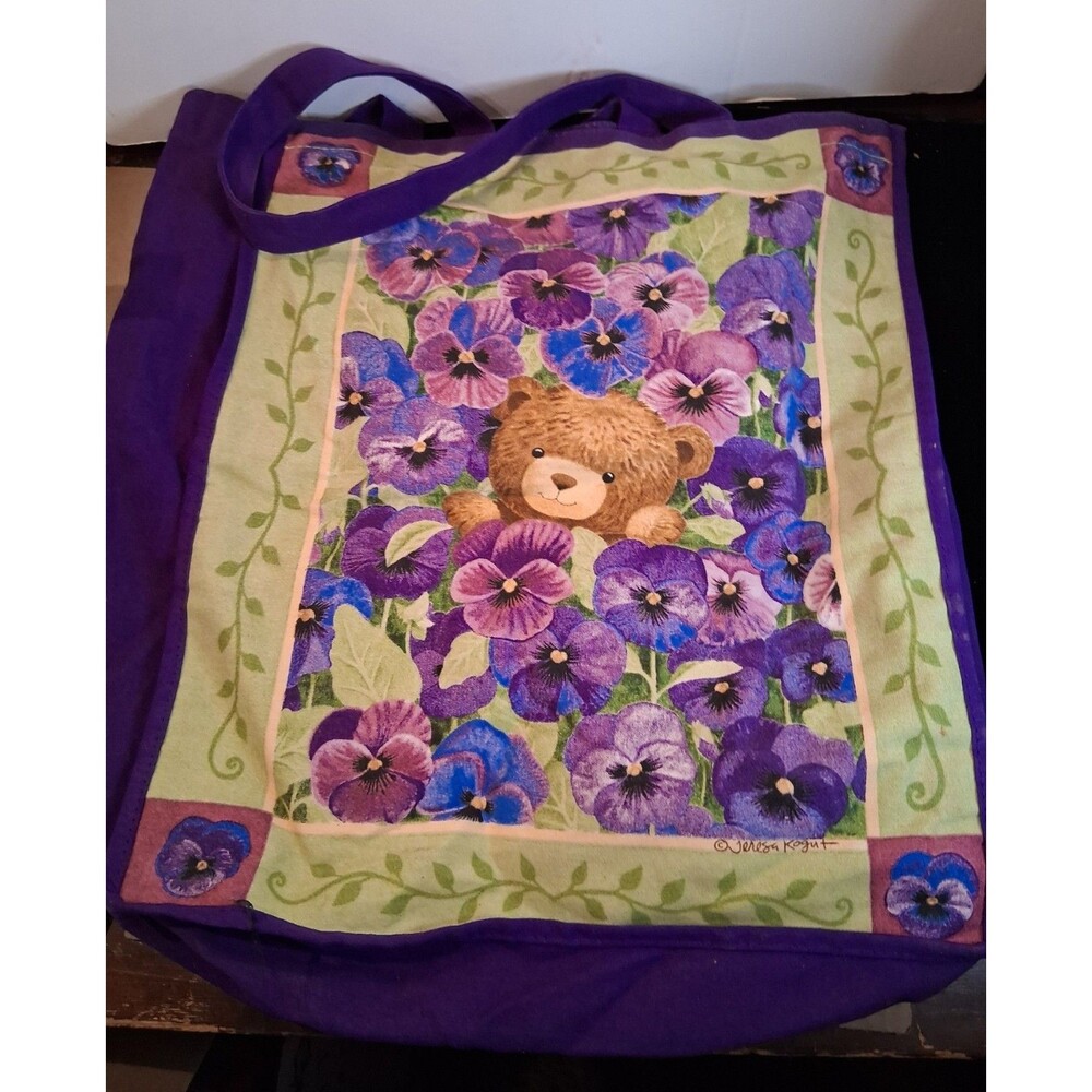 Vintage Reader's Digest Purple Floral Teddy Bear Tote Bag